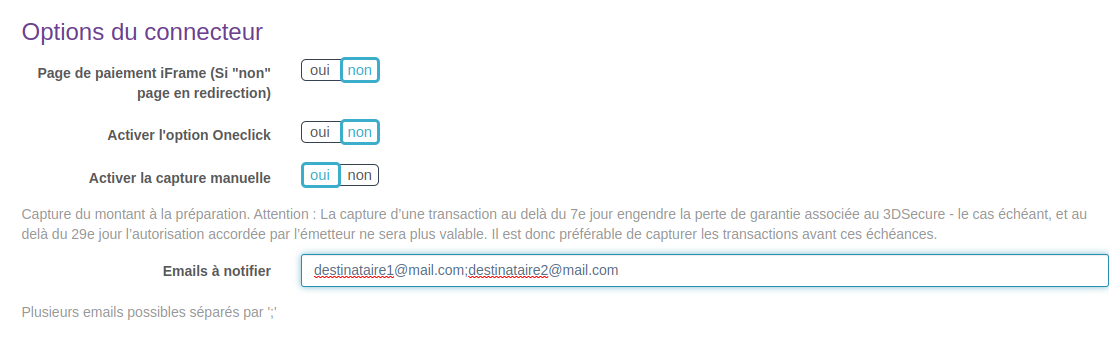 Option du connecteur, activation de la capture manuelle